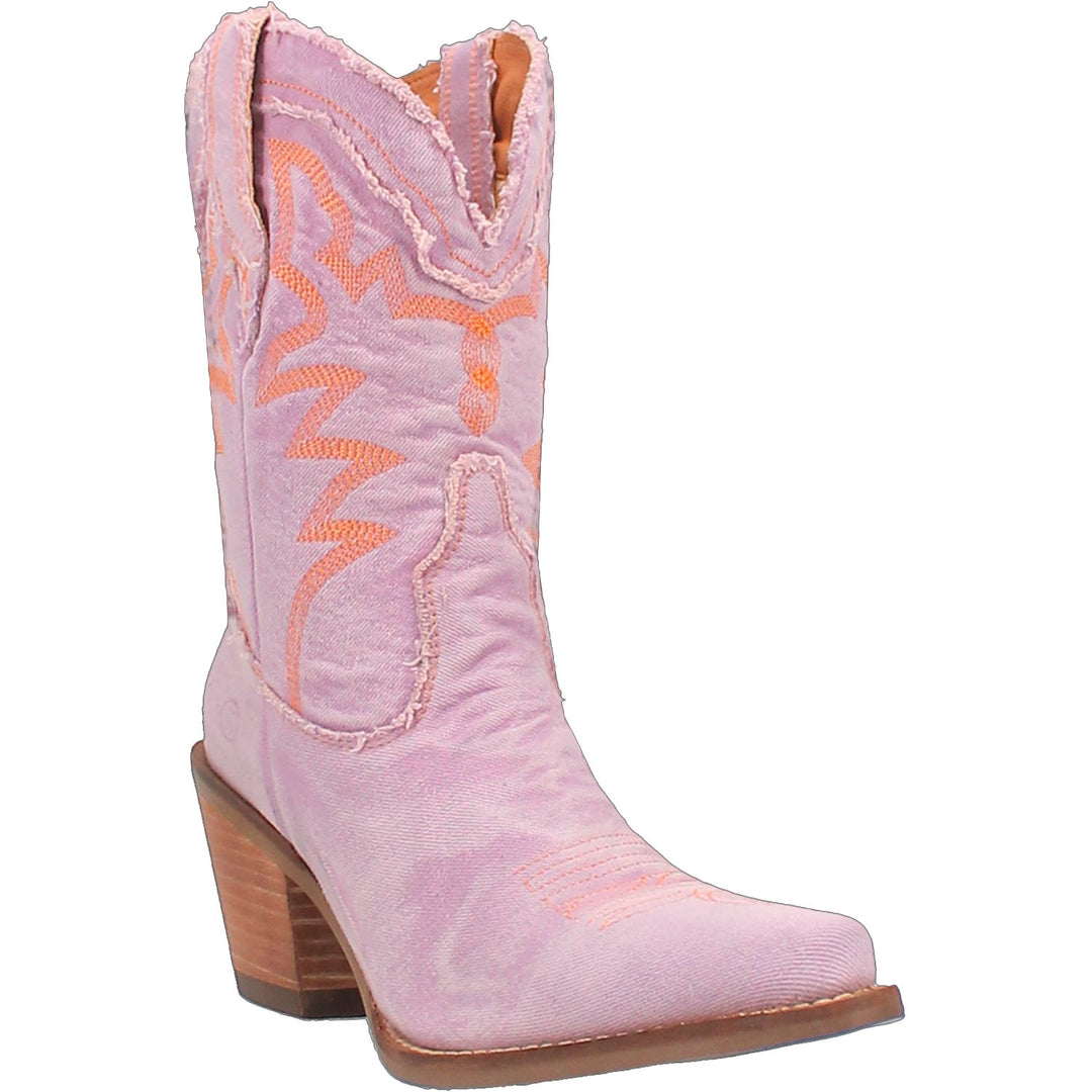 A ankle boot in a pink denim material with western style stitching in orange and a 3 inch wooden heel.