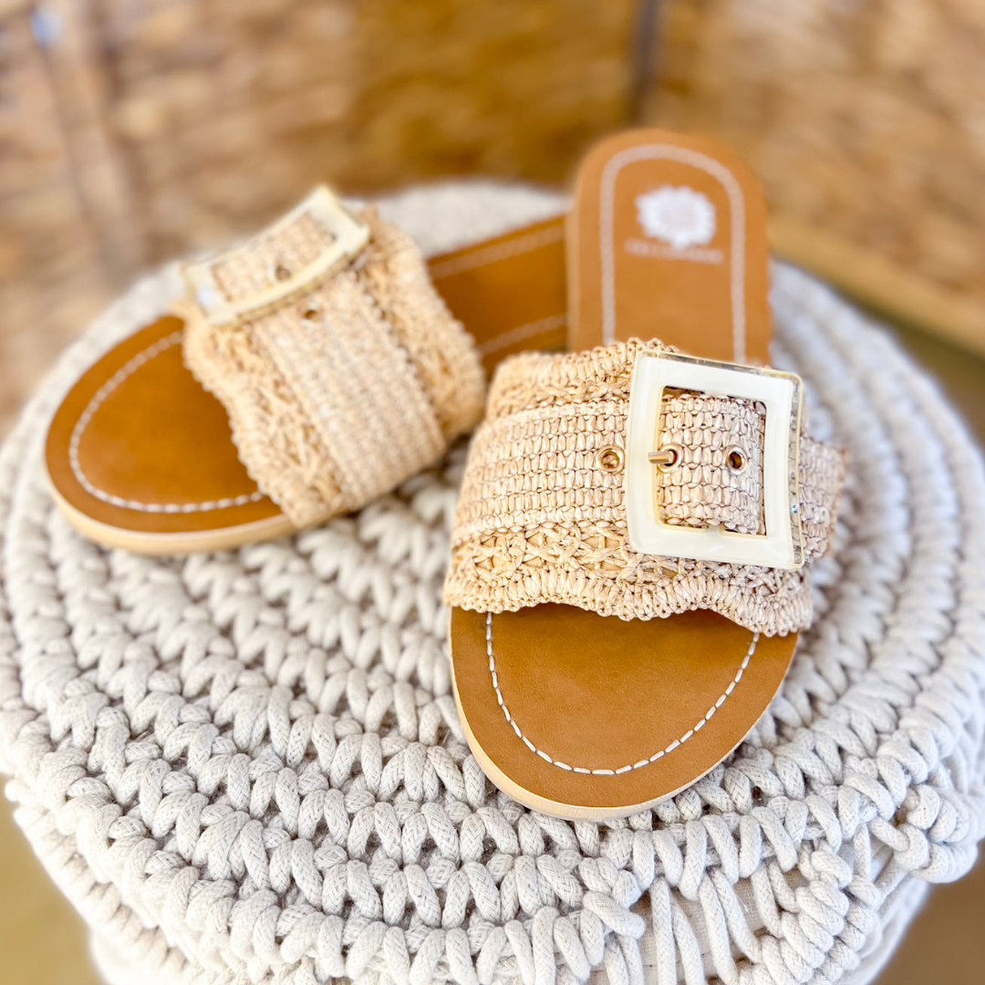 Yellow Box | Hamlyn Raffia Buckle Slide Sandals in Natural