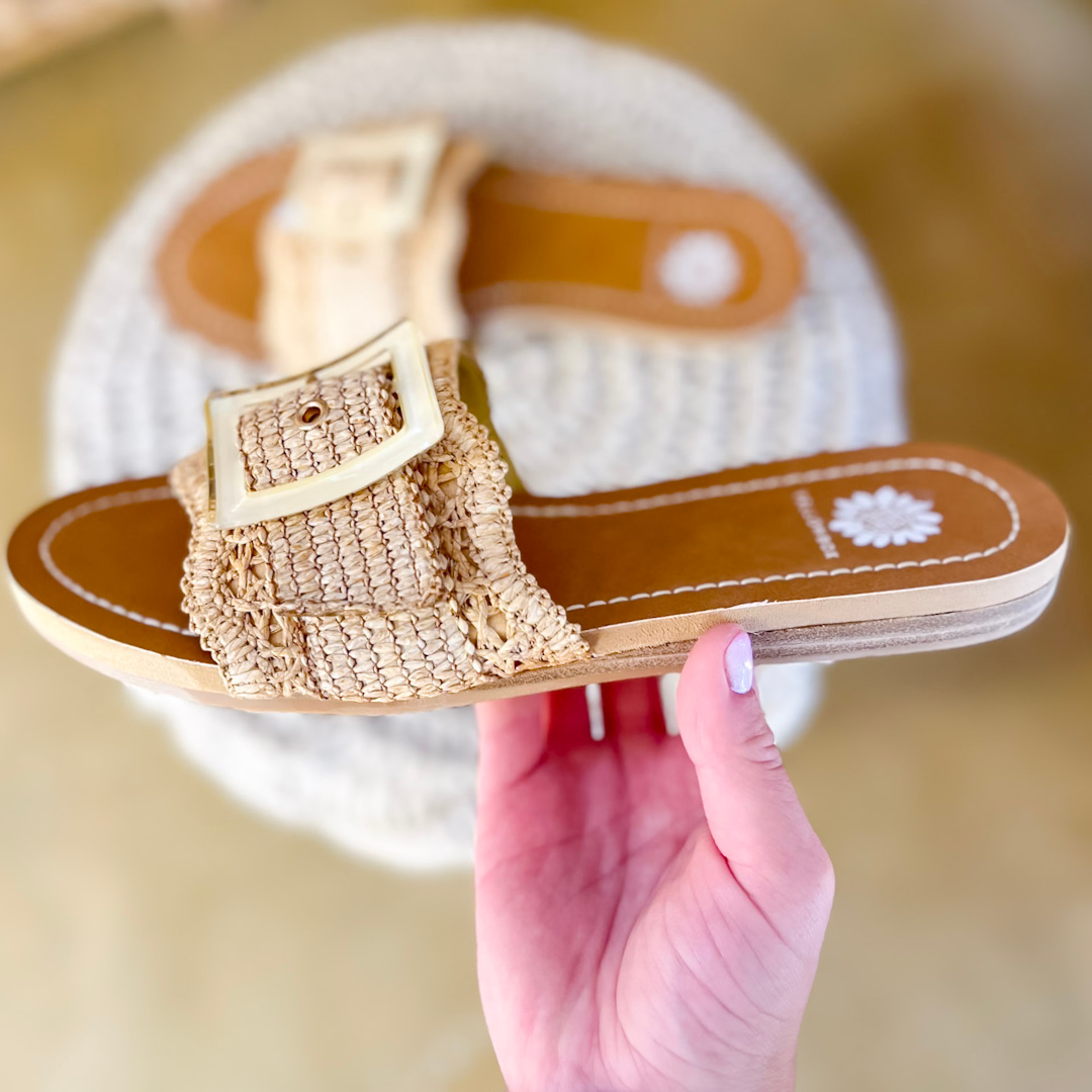 Yellow Box | Hamlyn Raffia Buckle Slide Sandals in Natural