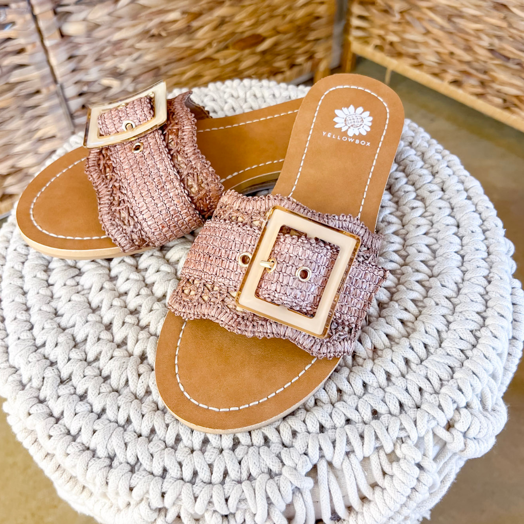 Yellow Box | Hamlyn Raffia Buckle Slide Sandals in Tan