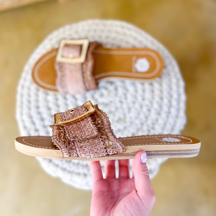 Yellow Box | Hamlyn Raffia Buckle Slide Sandals in Tan