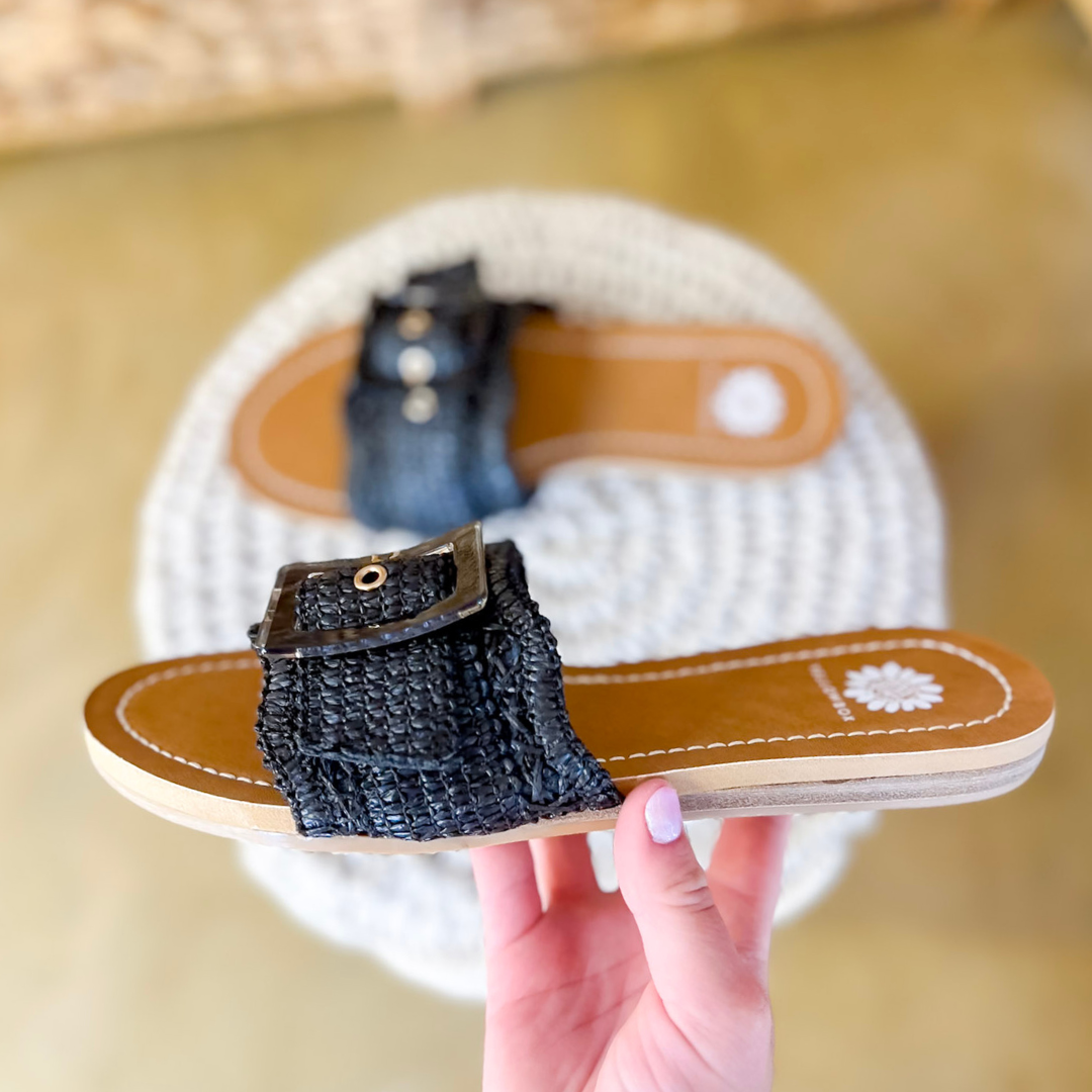 Yellow Box | Hamlyn Raffia Buckle Slide Sandals in Black