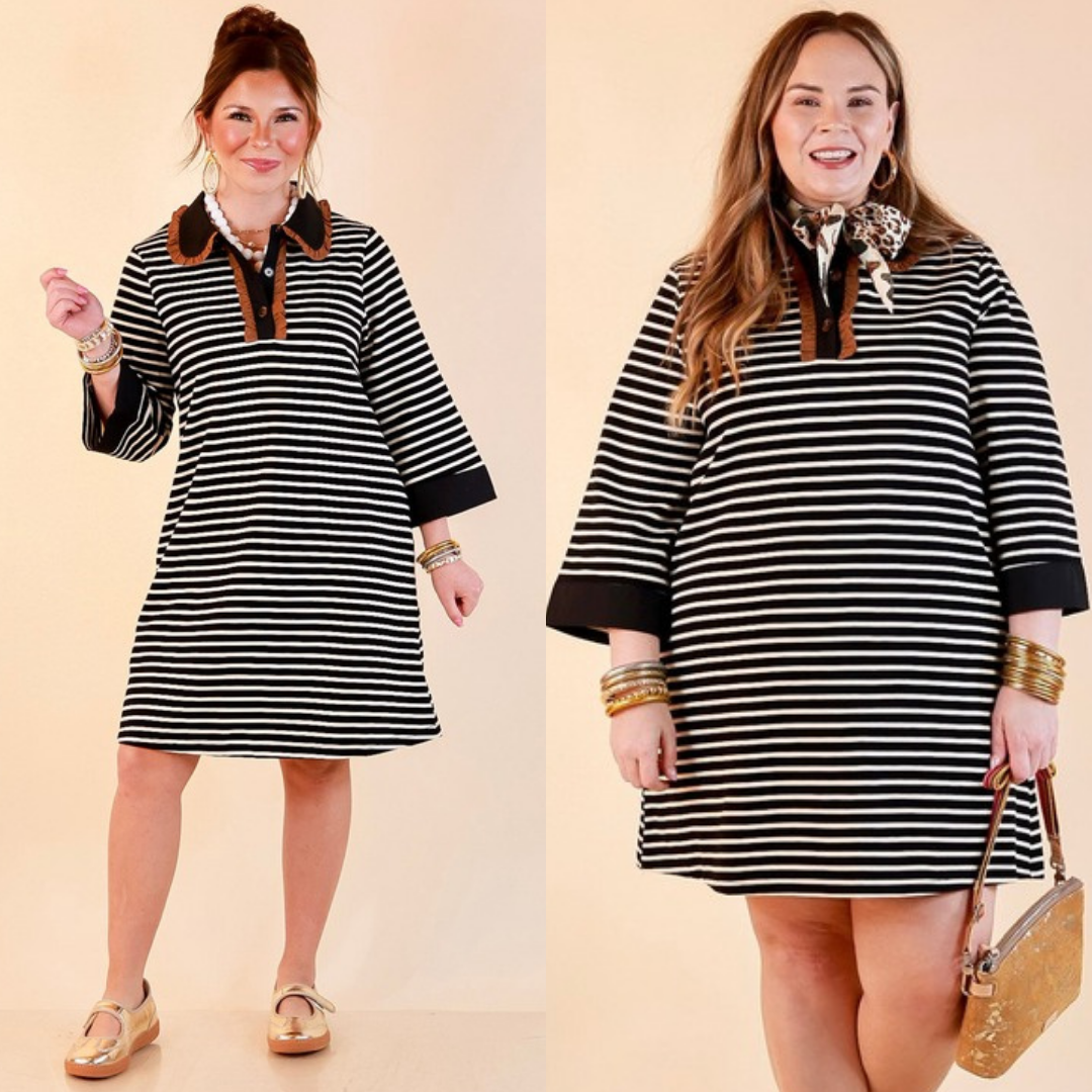 A Proper Introduction Striped Ruffle Trim Collared 3/4 Sleeve Shift Dress in Black and Ivory with Camel Trim