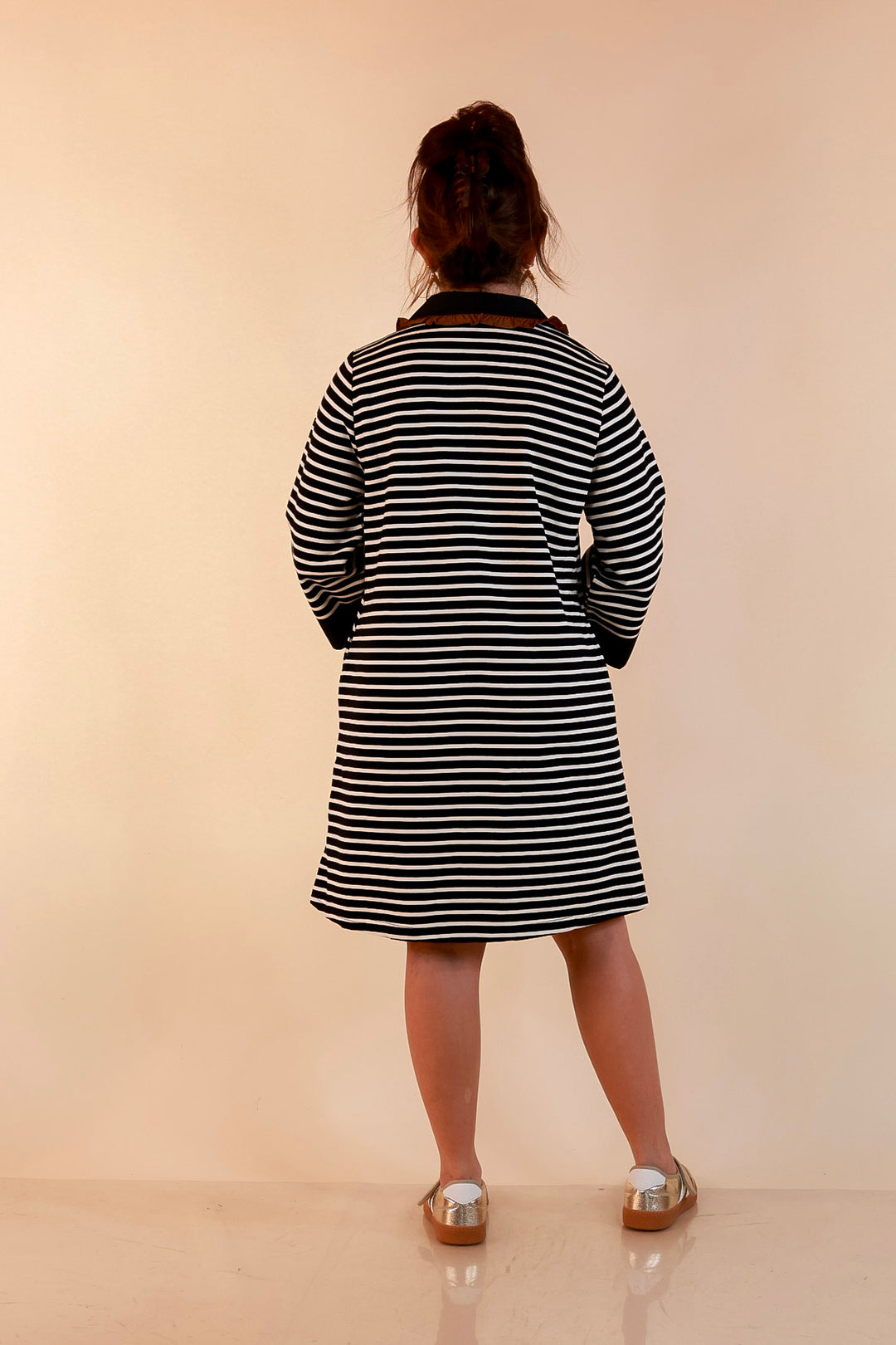 A Proper Introduction Striped Ruffle Trim Collared 3/4 Sleeve Shift Dress in Black and Ivory with Camel Trim