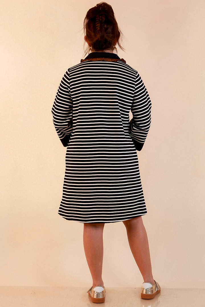 A Proper Introduction Striped Ruffle Trim Collared 3/4 Sleeve Shift Dress in Black and Ivory with Camel Trim