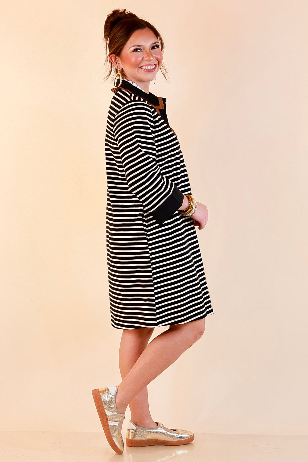 A Proper Introduction Striped Ruffle Trim Collared 3/4 Sleeve Shift Dress in Black and Ivory with Camel Trim