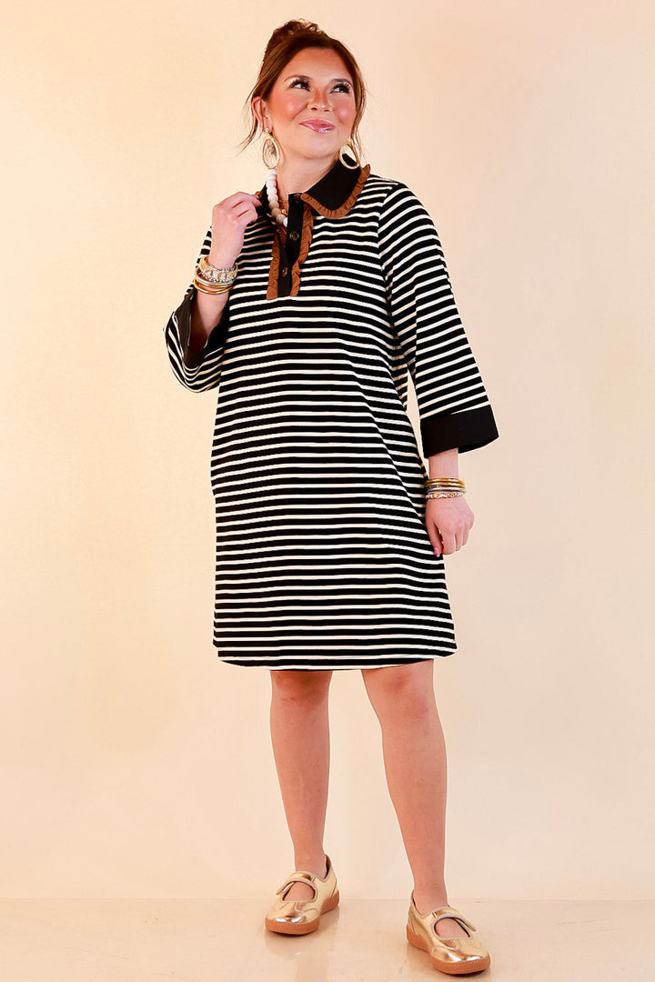 A Proper Introduction Striped Ruffle Trim Collared 3/4 Sleeve Shift Dress in Black and Ivory with Camel Trim
