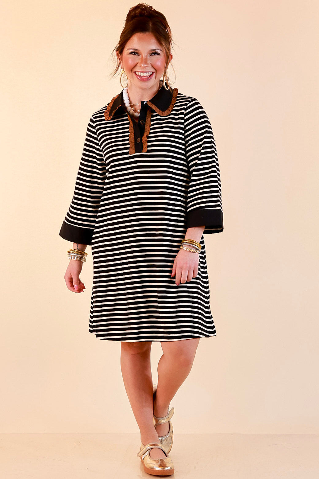 A Proper Introduction Striped Ruffle Trim Collared 3/4 Sleeve Shift Dress in Black and Ivory with Camel Trim