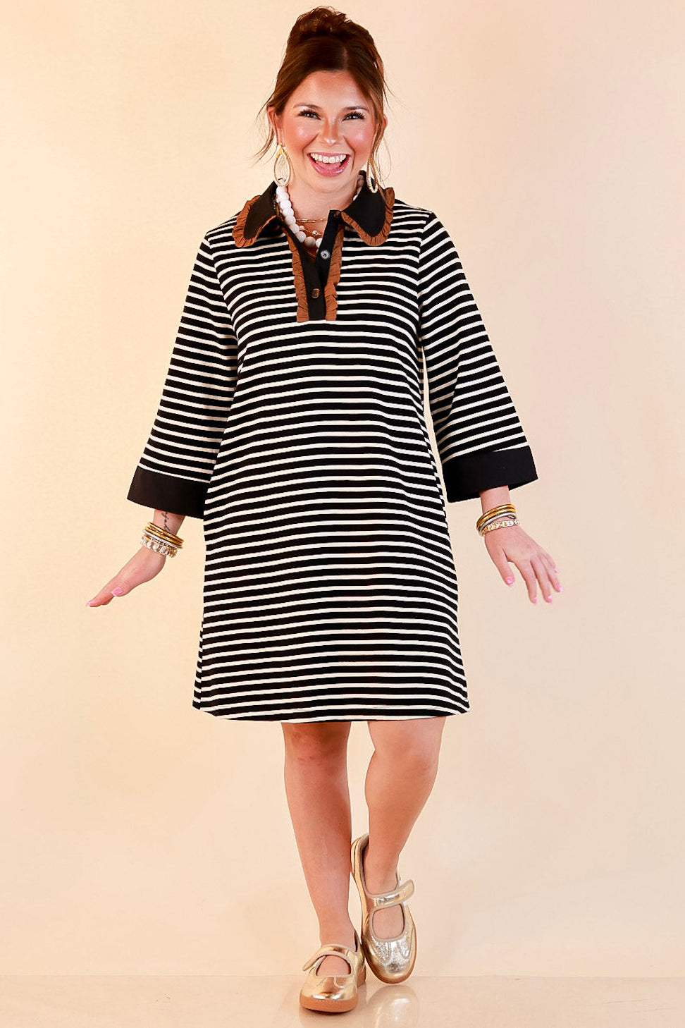 A Proper Introduction Striped Ruffle Trim Collared 3/4 Sleeve Shift Dress in Black and Ivory with Camel Trim