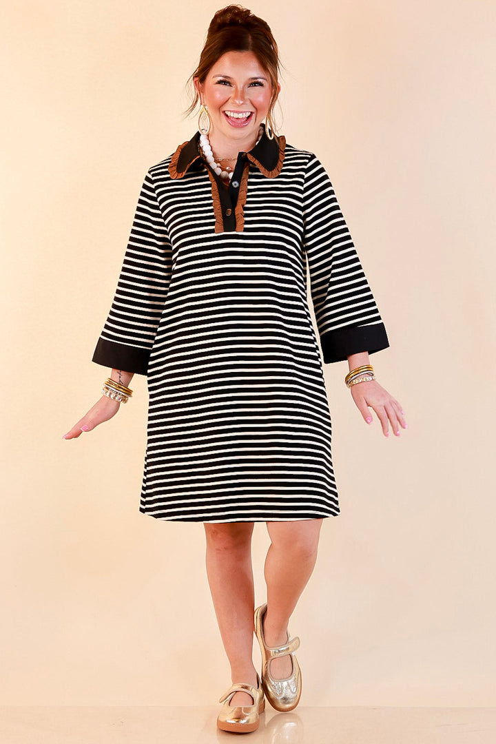 A Proper Introduction Striped Ruffle Trim Collared 3/4 Sleeve Shift Dress in Black and Ivory with Camel Trim