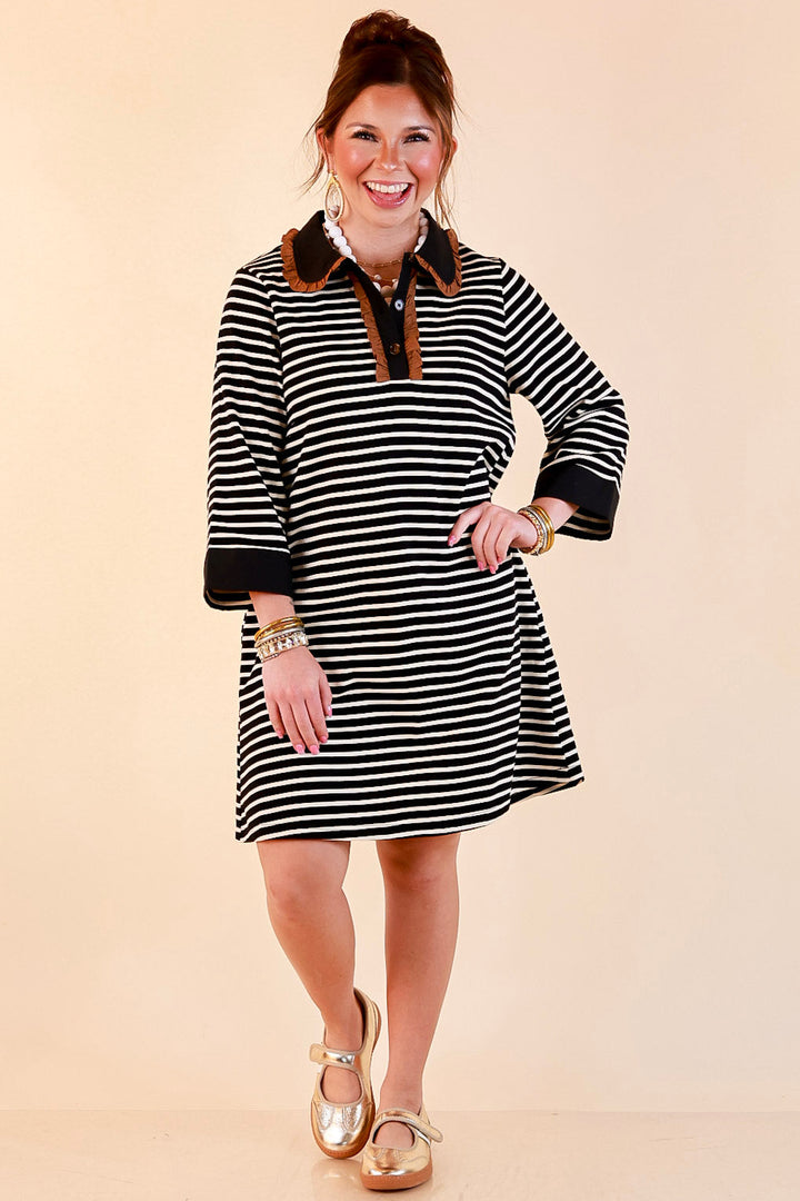 A Proper Introduction Striped Ruffle Trim Collared 3/4 Sleeve Shift Dress in Black and Ivory with Camel Trim