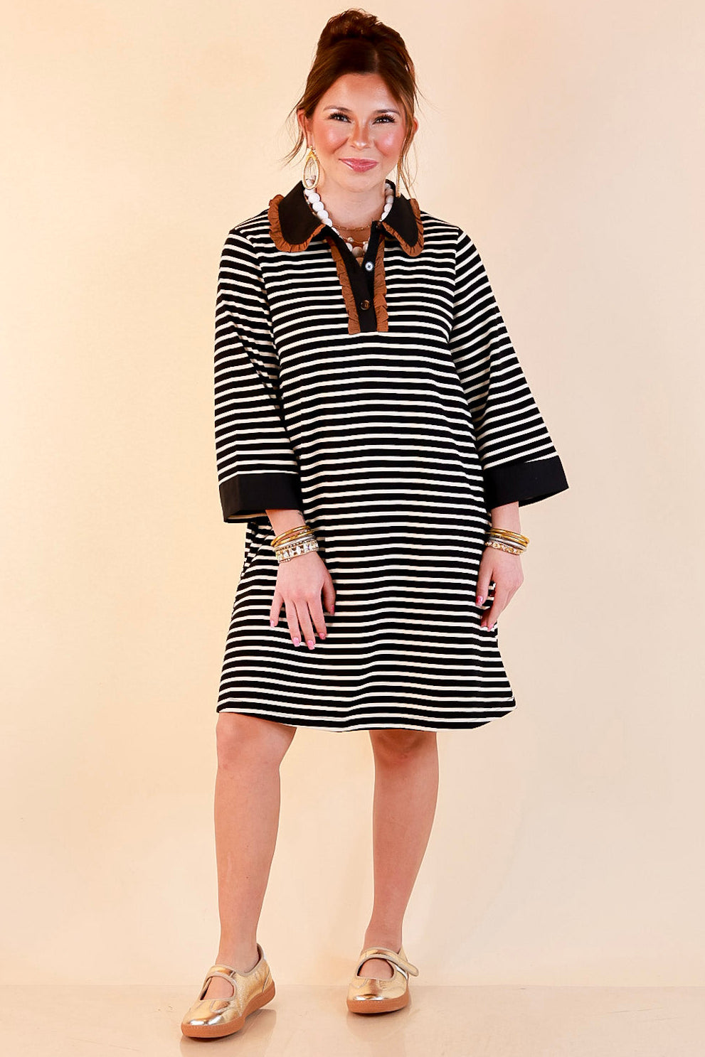 A Proper Introduction Striped Ruffle Trim Collared 3/4 Sleeve Shift Dress in Black and Ivory with Camel Trim