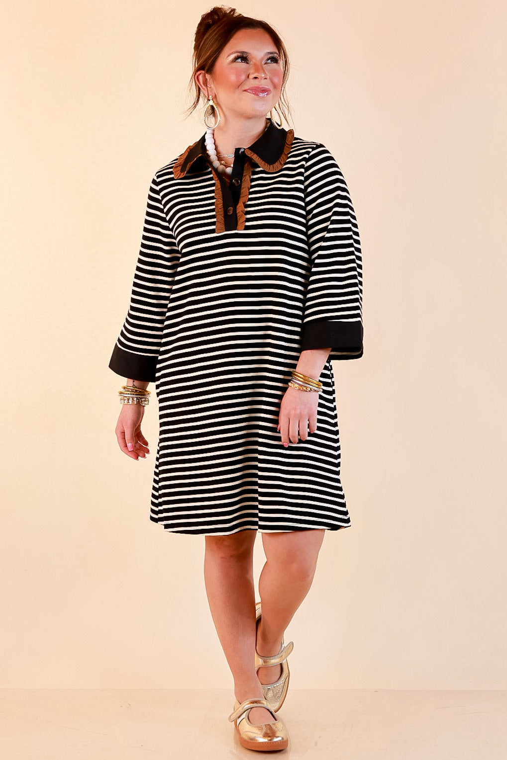 A Proper Introduction Striped Ruffle Trim Collared 3/4 Sleeve Shift Dress in Black and Ivory with Camel Trim