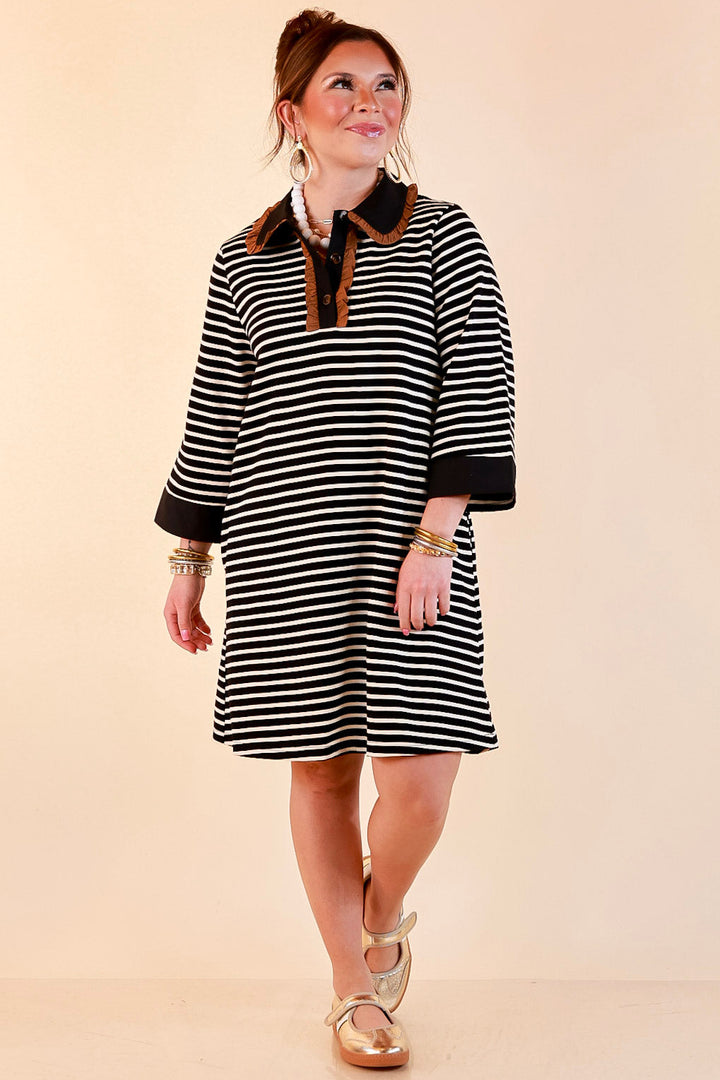 A Proper Introduction Striped Ruffle Trim Collared 3/4 Sleeve Shift Dress in Black and Ivory with Camel Trim