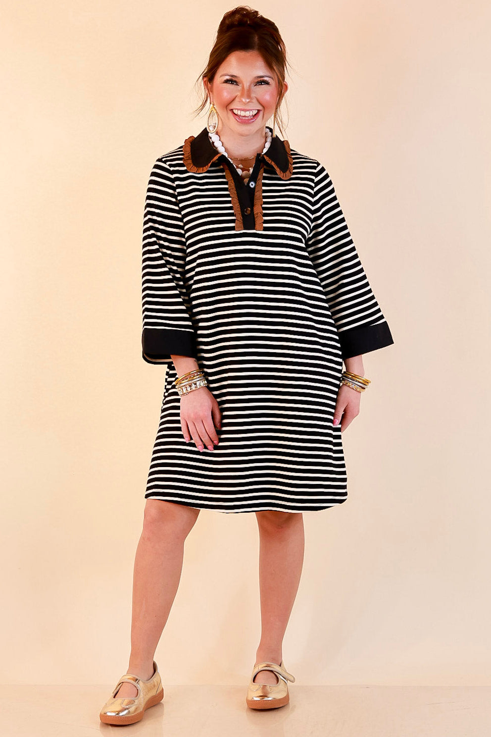 A Proper Introduction Striped Ruffle Trim Collared 3/4 Sleeve Shift Dress in Black and Ivory with Camel Trim