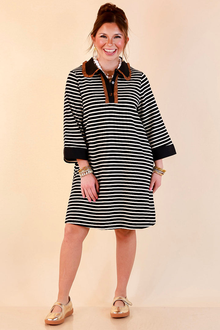 A Proper Introduction Striped Ruffle Trim Collared 3/4 Sleeve Shift Dress in Black and Ivory with Camel Trim