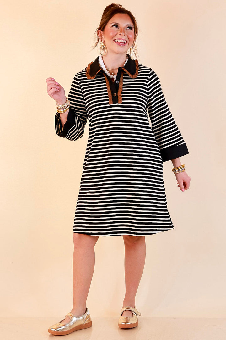 A Proper Introduction Striped Ruffle Trim Collared 3/4 Sleeve Shift Dress in Black and Ivory with Camel Trim