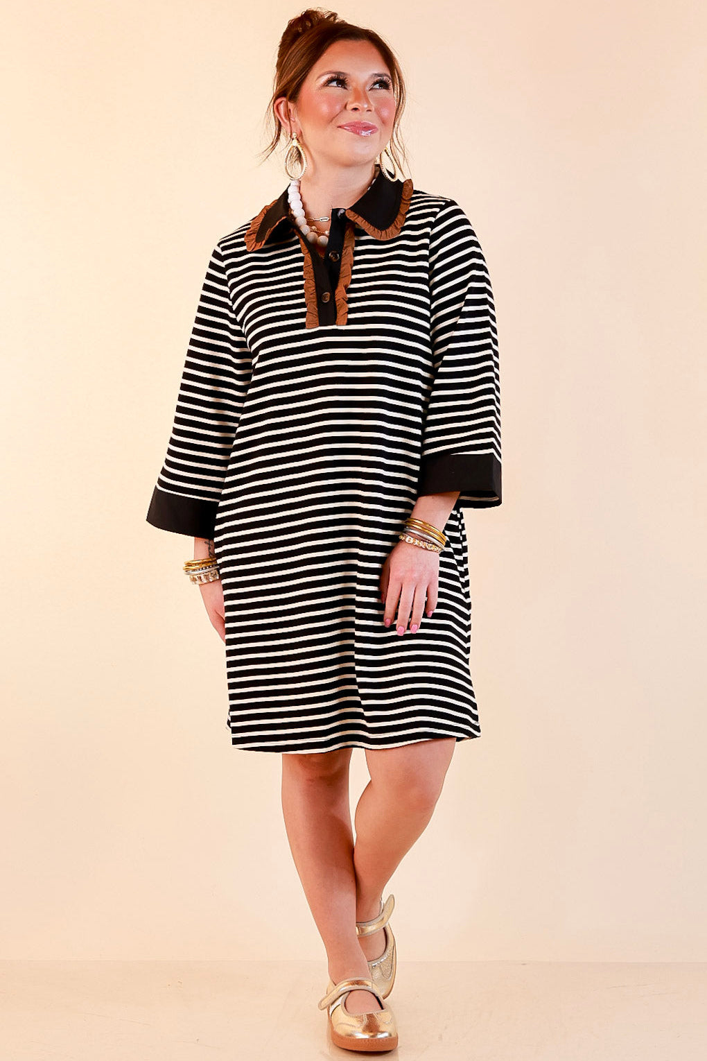 A Proper Introduction Striped Ruffle Trim Collared 3/4 Sleeve Shift Dress in Black and Ivory with Camel Trim