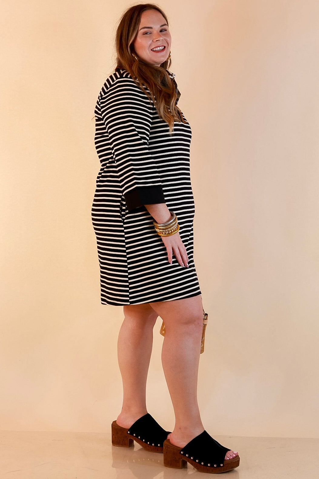 A Proper Introduction Striped Ruffle Trim Collared 3/4 Sleeve Shift Dress in Black and Ivory with Camel Trim
