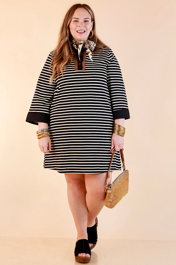 A Proper Introduction Striped Ruffle Trim Collared 3/4 Sleeve Shift Dress in Black and Ivory with Camel Trim