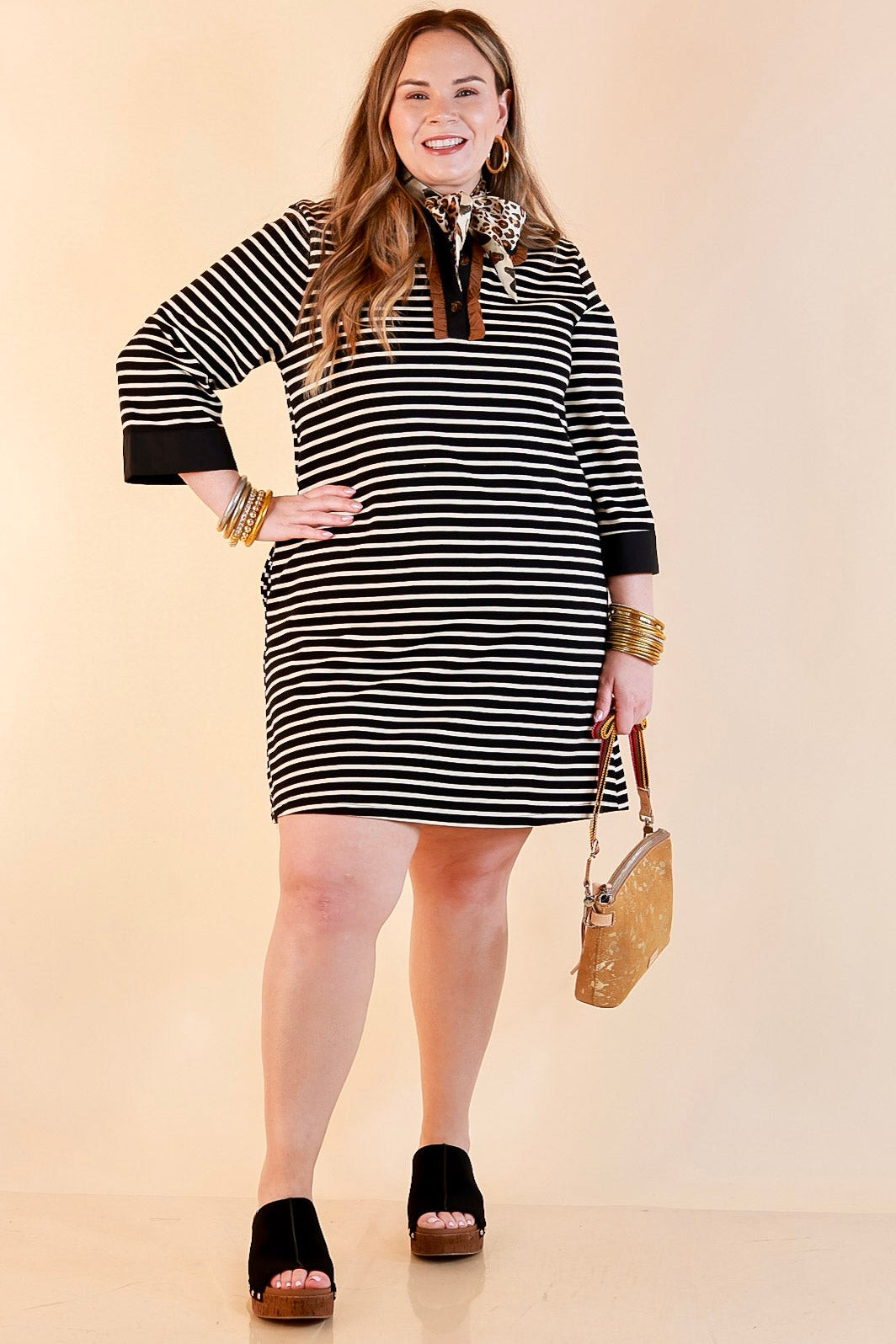 A Proper Introduction Striped Ruffle Trim Collared 3/4 Sleeve Shift Dress in Black and Ivory with Camel Trim