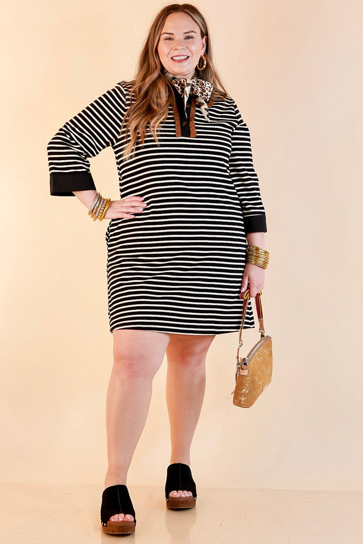 A Proper Introduction Striped Ruffle Trim Collared 3/4 Sleeve Shift Dress in Black and Ivory with Camel Trim