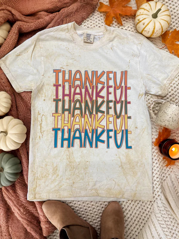 Online Exclusive | Colorful Thankful Stacked Graphic on Short Sleeve Comfort Color Tee in Citrine Yellow