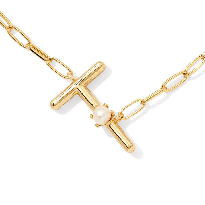 Kendra Scott | Pearl Gold Initial Letter Short Pendant Necklace in White Pearl