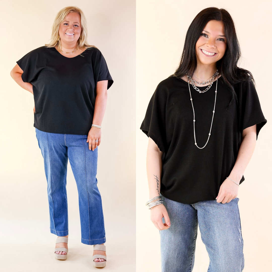 Everyday Essential Short Sleeve Waffle Knit Top in Black - Giddy Up Glamour Boutique