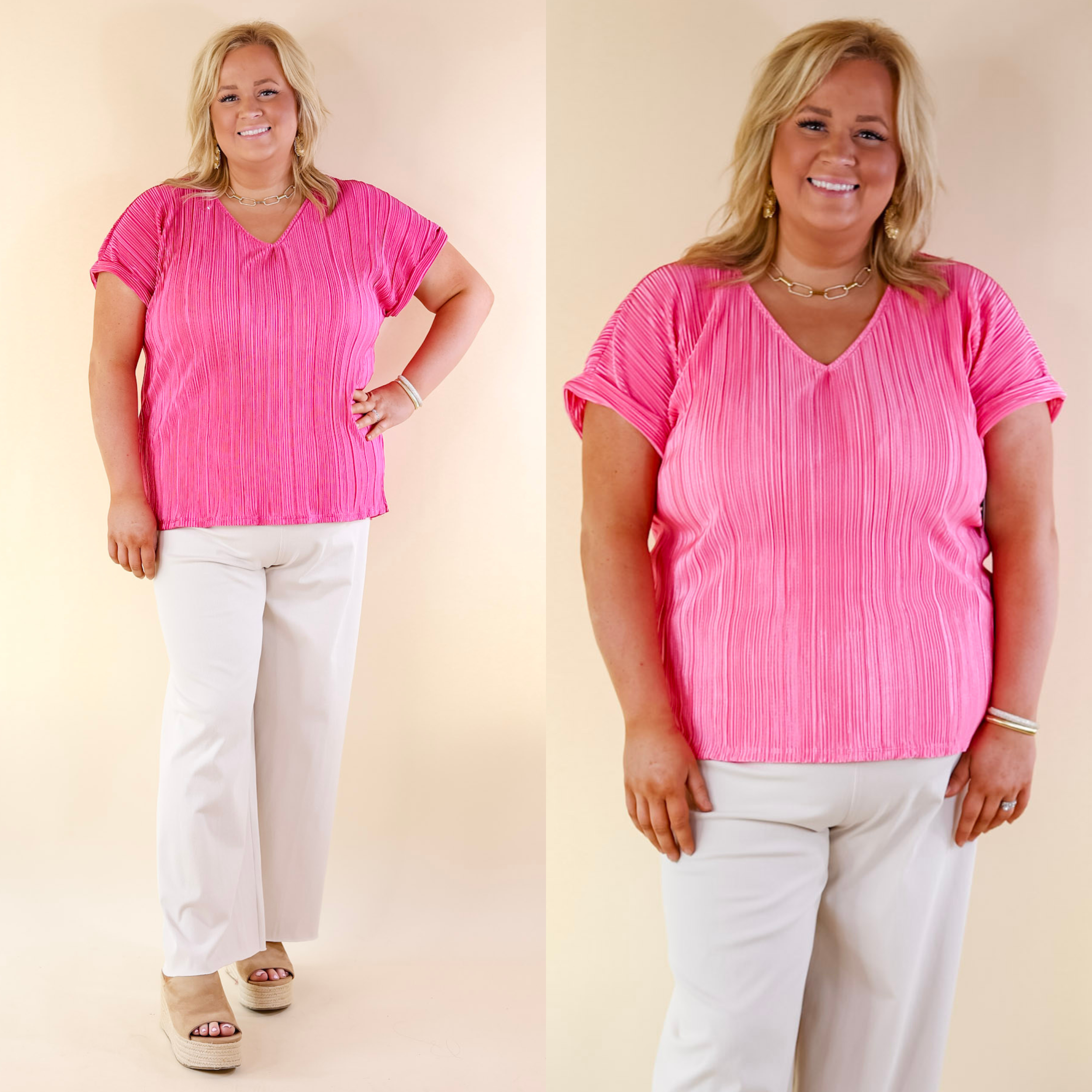 Casual Charm V Neck Plissé Top in Barbie Pink - Giddy Up Glamour Boutique