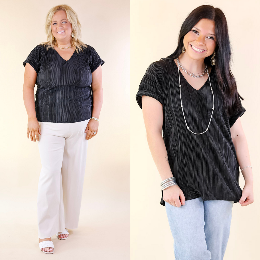 Casual Charm V Neck Plissé Top in Black - Giddy Up Glamour Boutique