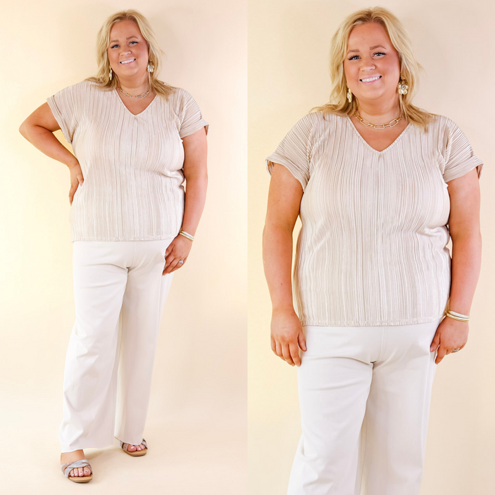 Casual Charm V Neck Plissé Top in Champagne - Giddy Up Glamour Boutique