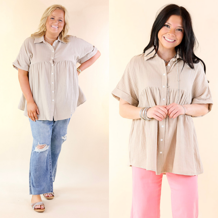 Vacation Vibes Collared Button Up Babydoll Top in Taupe - Giddy Up Glamour Boutique
