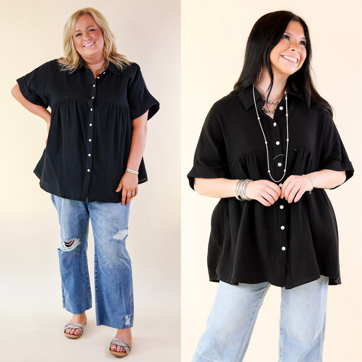 Vacation Vibes Collared Button Up Babydoll Top in Black - Giddy Up Glamour Boutique