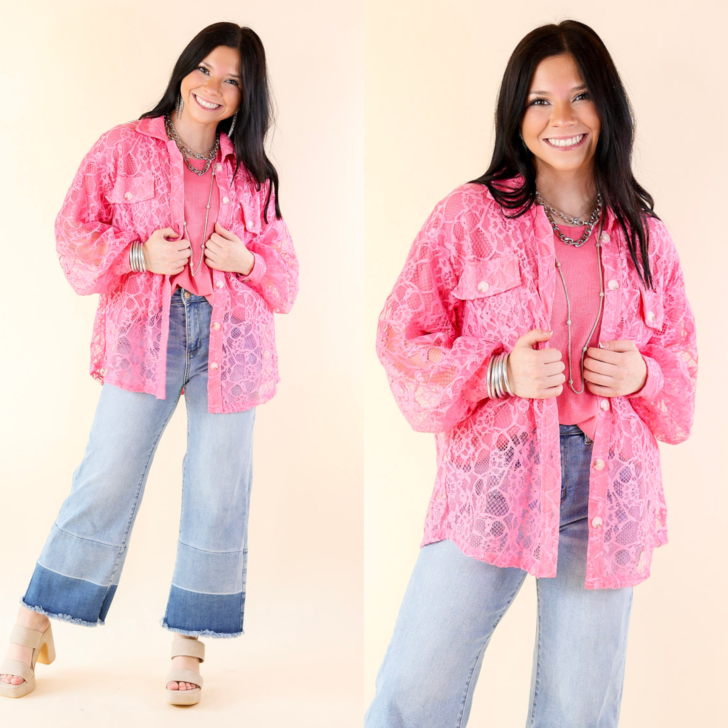 Sheer Chic Collared Button Up Lace Top in Pink Cosmos - Giddy Up Glamour Boutique