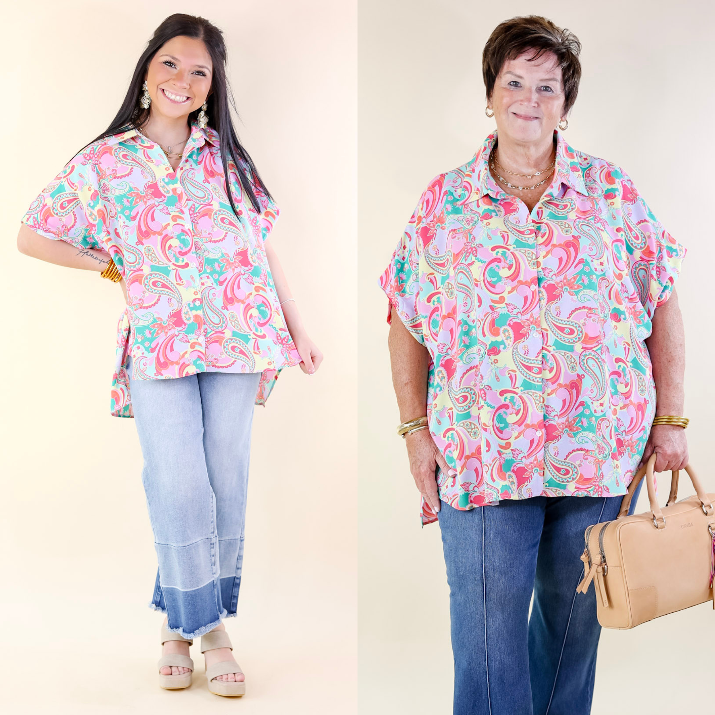 Adventure Awaits Paisley Print Button Up Top in Emerald Green and Pink - Giddy Up Glamour Boutique