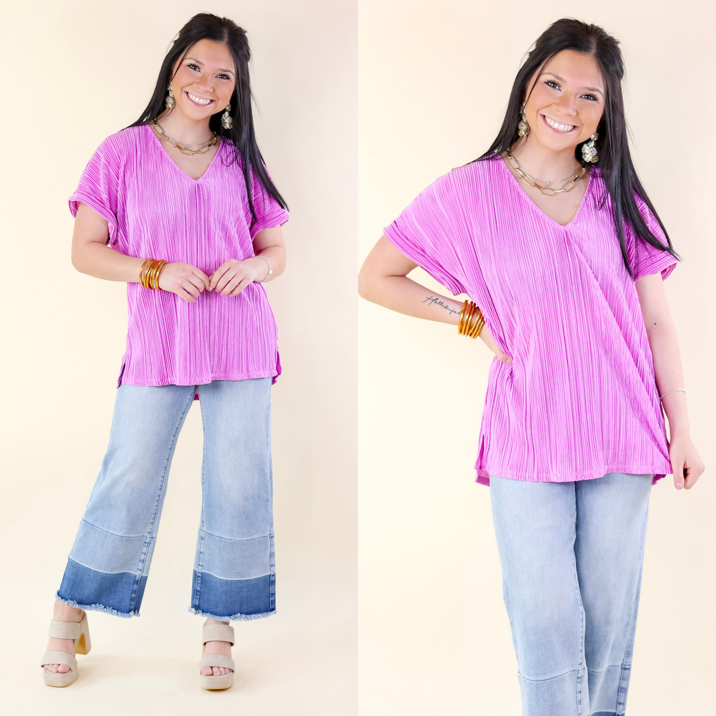 Casual Charm V Neck Plissé Top in Spring Orchid Purple
