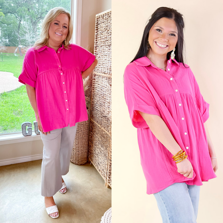Vacation Vibes Collared Button Up Babydoll Top in Hot Pink - Giddy Up Glamour Boutique