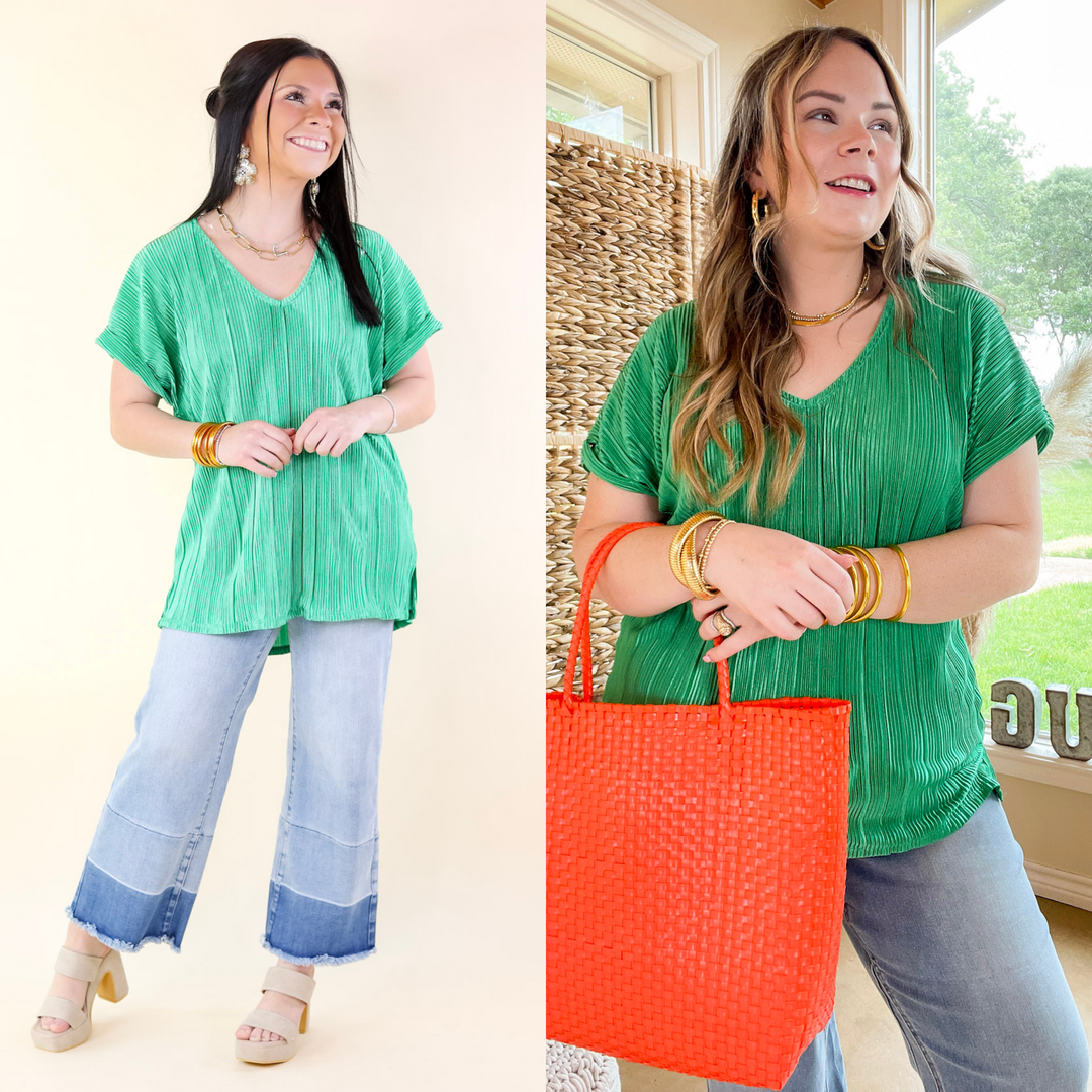 Casual Charm V Neck Plissé Top in Emerald Green - Giddy Up Glamour Boutique