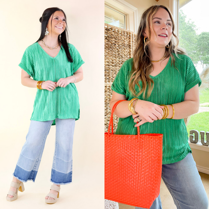 Casual Charm V Neck Plissé Top in Emerald Green - Giddy Up Glamour Boutique