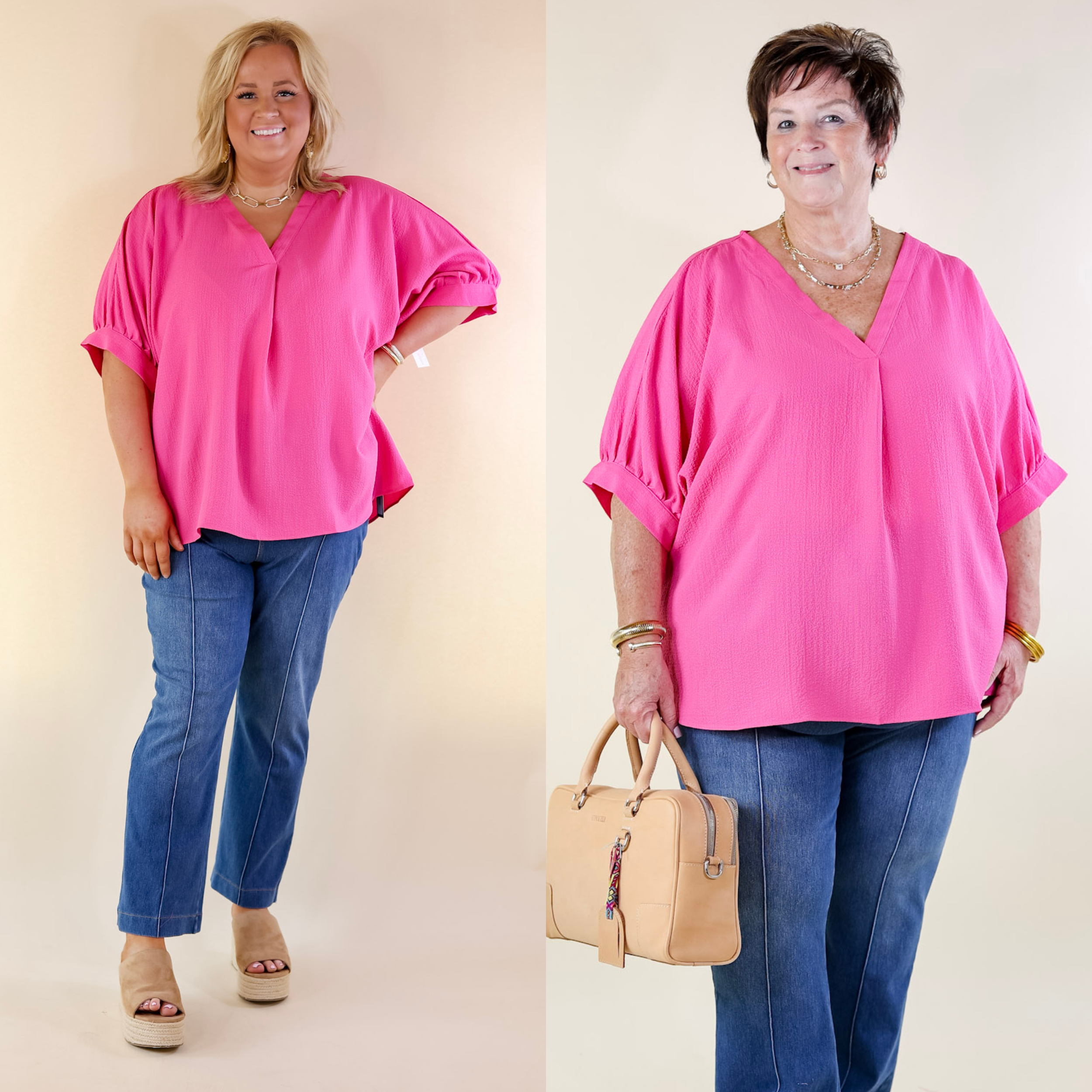 Chic and Charming V Neck Top with 3/4 Sleeves in Hot Pink