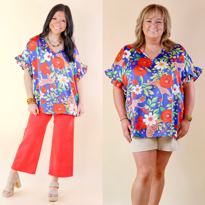 Best Version Floral and Cheetah Print V Neck Top with Ruffle Short Sleeves in Blue - Giddy Up Glamour Boutique
