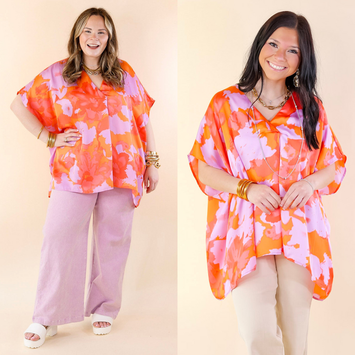 Weekend Out V Neck Short Sleeve Top in Orange and Purple - Giddy Up Glamour Boutique
