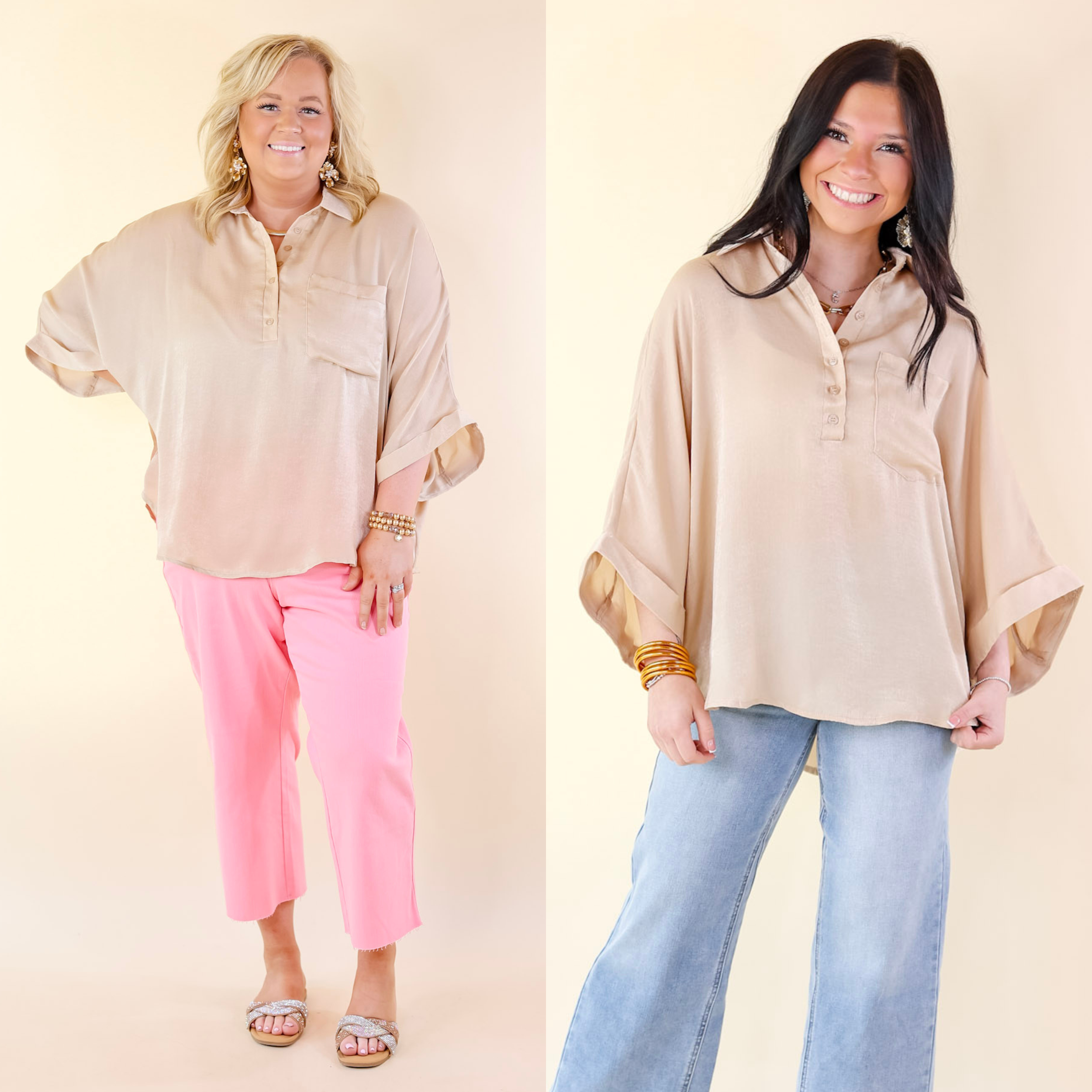 Sweet Surprise Half Button Up Poncho Top with Collared Neckline in Champagne