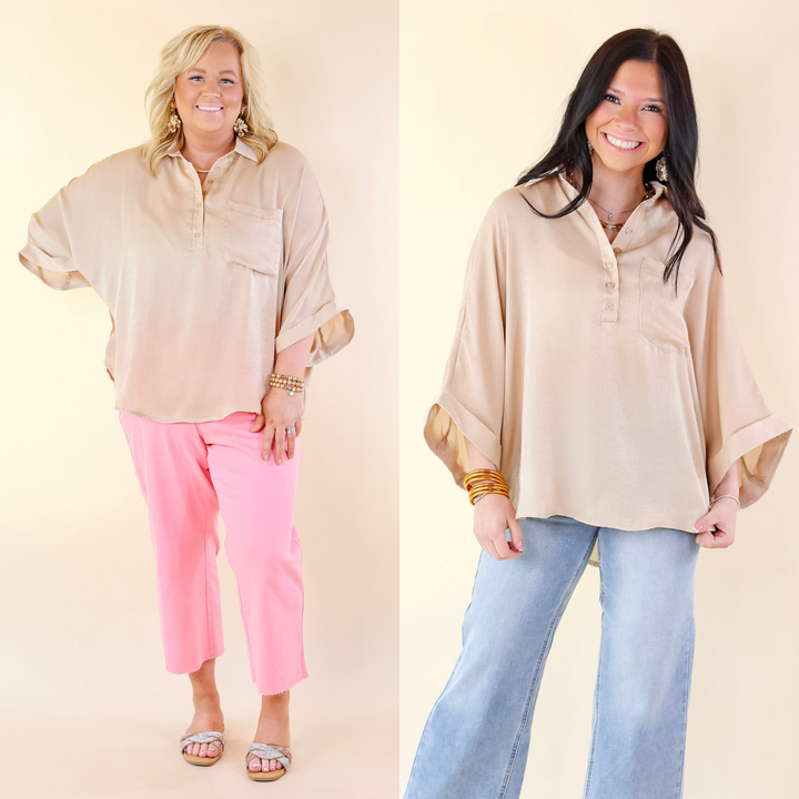 Sweet Surprise Half Button Up Poncho Top with Collared Neckline in Champagne - Giddy Up Glamour Boutique