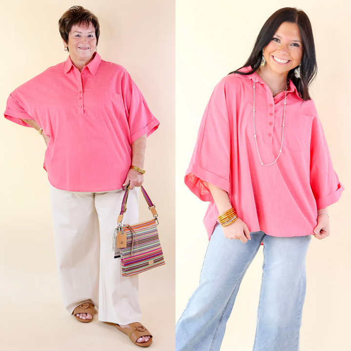 Sweet Surprise Half Button Up Poncho Top with Collared Neckline in Coral Pink - Giddy Up Glamour Boutique