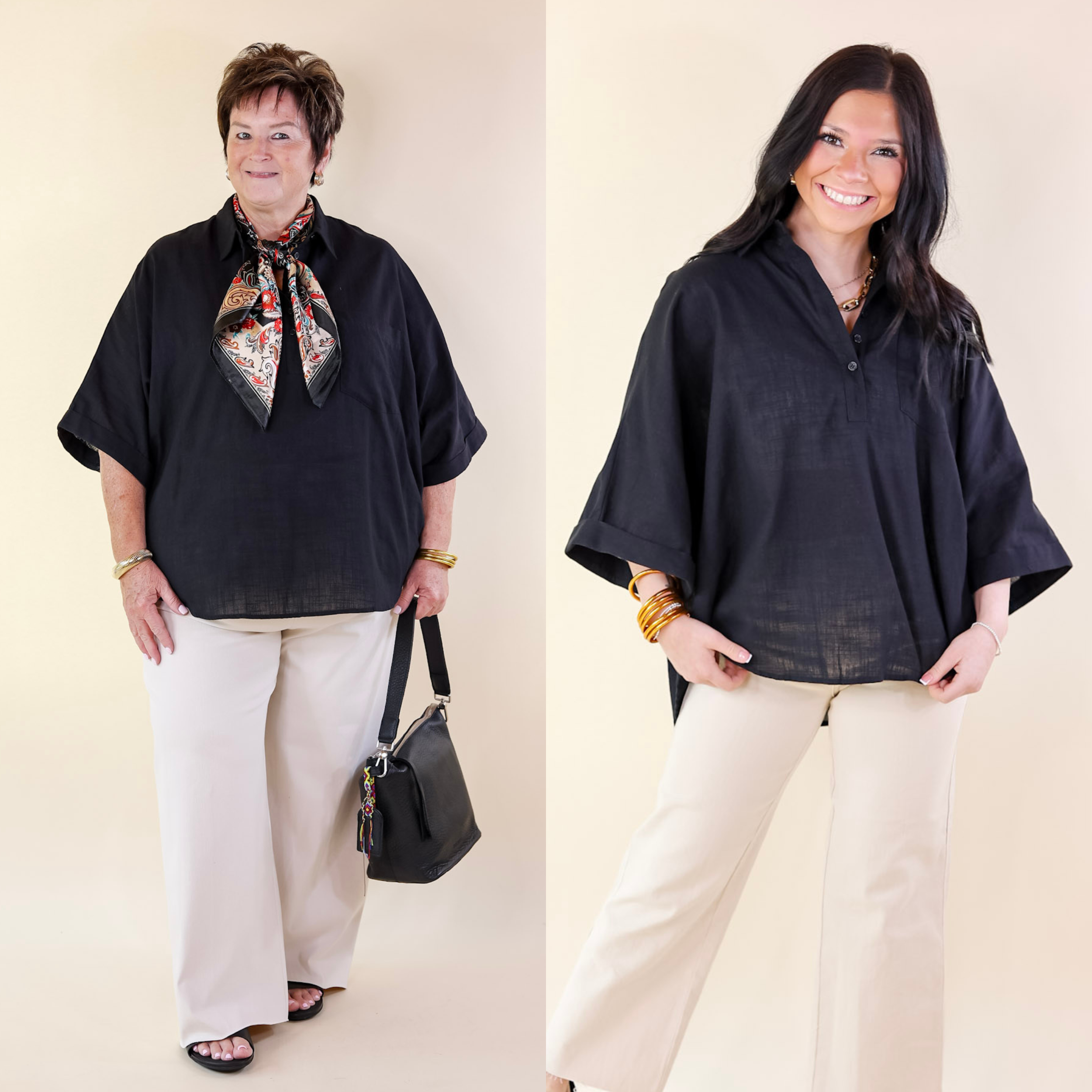 Sweet Surprise Half Button Up Poncho Top with Collared Neckline in Black