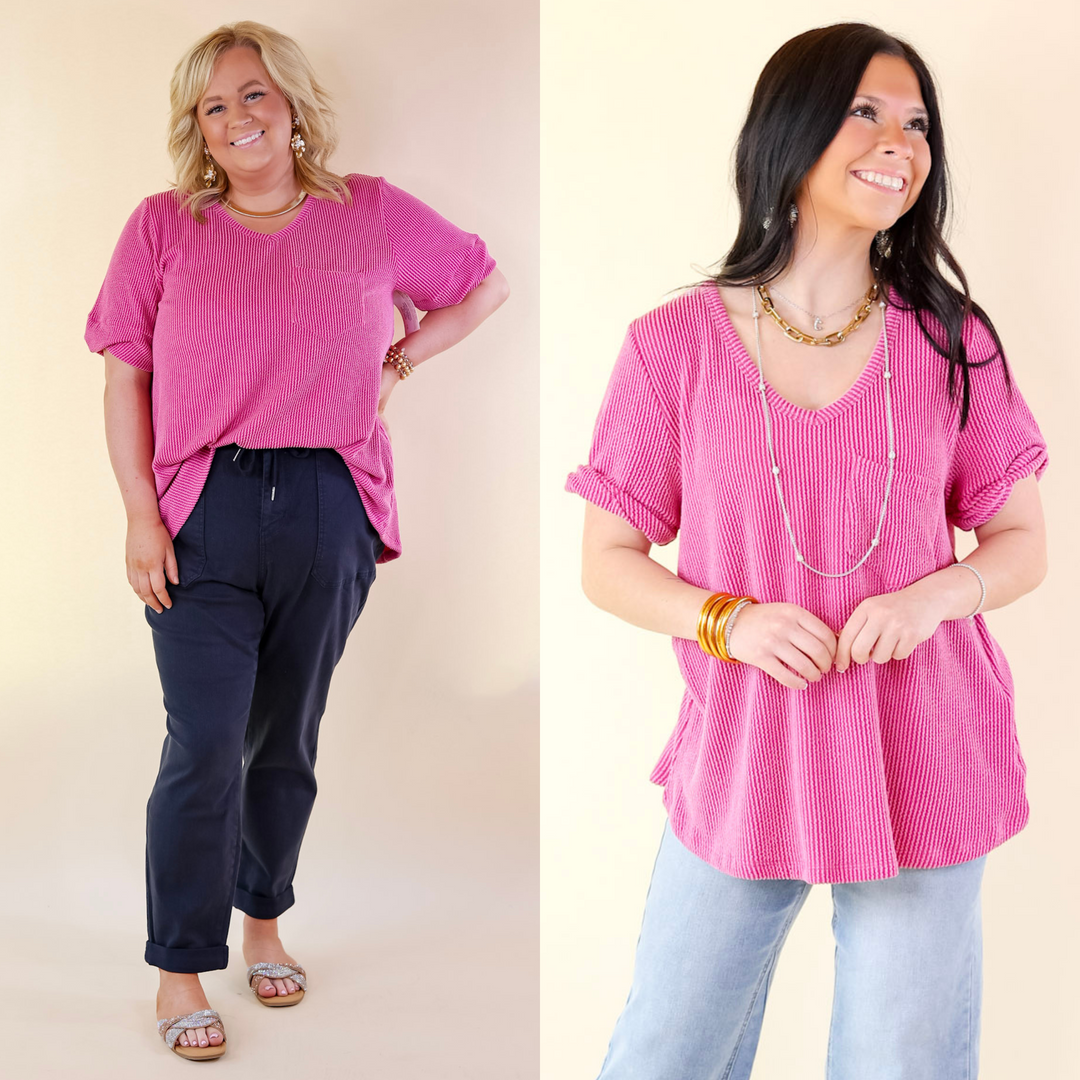 Only True Love Ribbed Short Sleeve Top with Front Pocket in Orchid Pink - Giddy Up Glamour Boutique