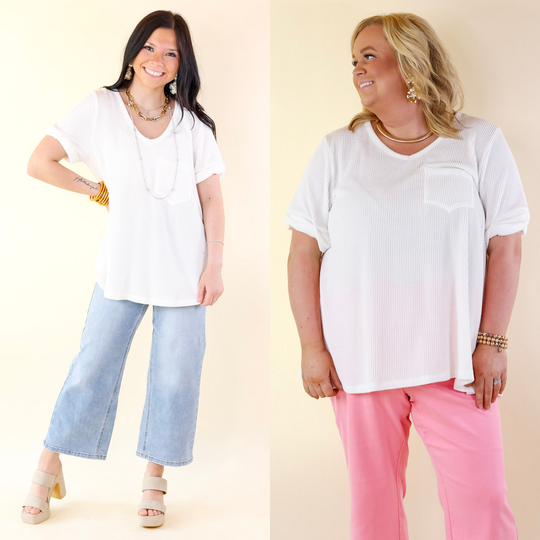Only True Love Ribbed Short Sleeve Top with Front Pocket in Off White - Giddy Up Glamour Boutique