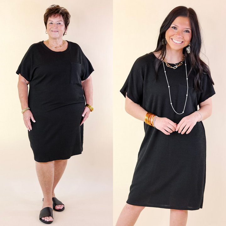 Coffee and Carefree Ribbed Short Sleeve Dress with Front Pocket in Black - Giddy Up Glamour Boutique